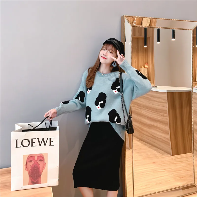 Plus Size Knitted Sweater women tops Cartoon Embroidery Thicken Pullovers women Jumper Sweater Ladies Knit Top women Sweater