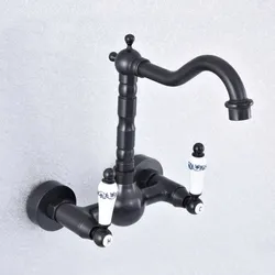 Kitchen Wet Bar Bathroom Vessel Sink Faucet Black Oil Rubbed Brass Wall Mounted Swivel Spout Mixer Tap Dual Ceramic Lever msf702