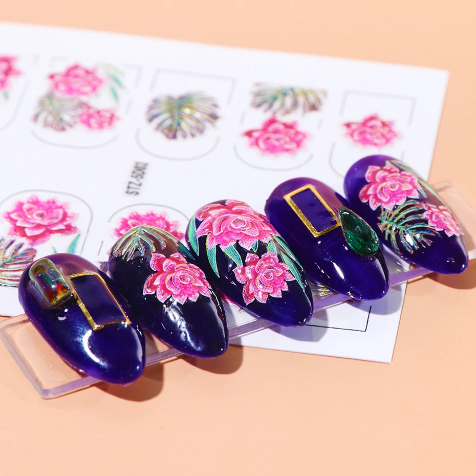 5D рельефная розовая наклейка для ногтей с гравировкой в виде листьев, слайдер для украшения для ногтей, наклейка для маникюра, CHSTZ5D01-18