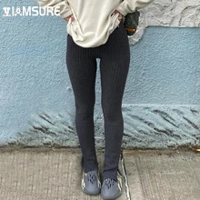 IAMSURE Solid Split Knitted Leggings Casual Slim High Waisted Pants Women'S Trousers Autumn Winter Warm Basic Capris 2021 Ladies