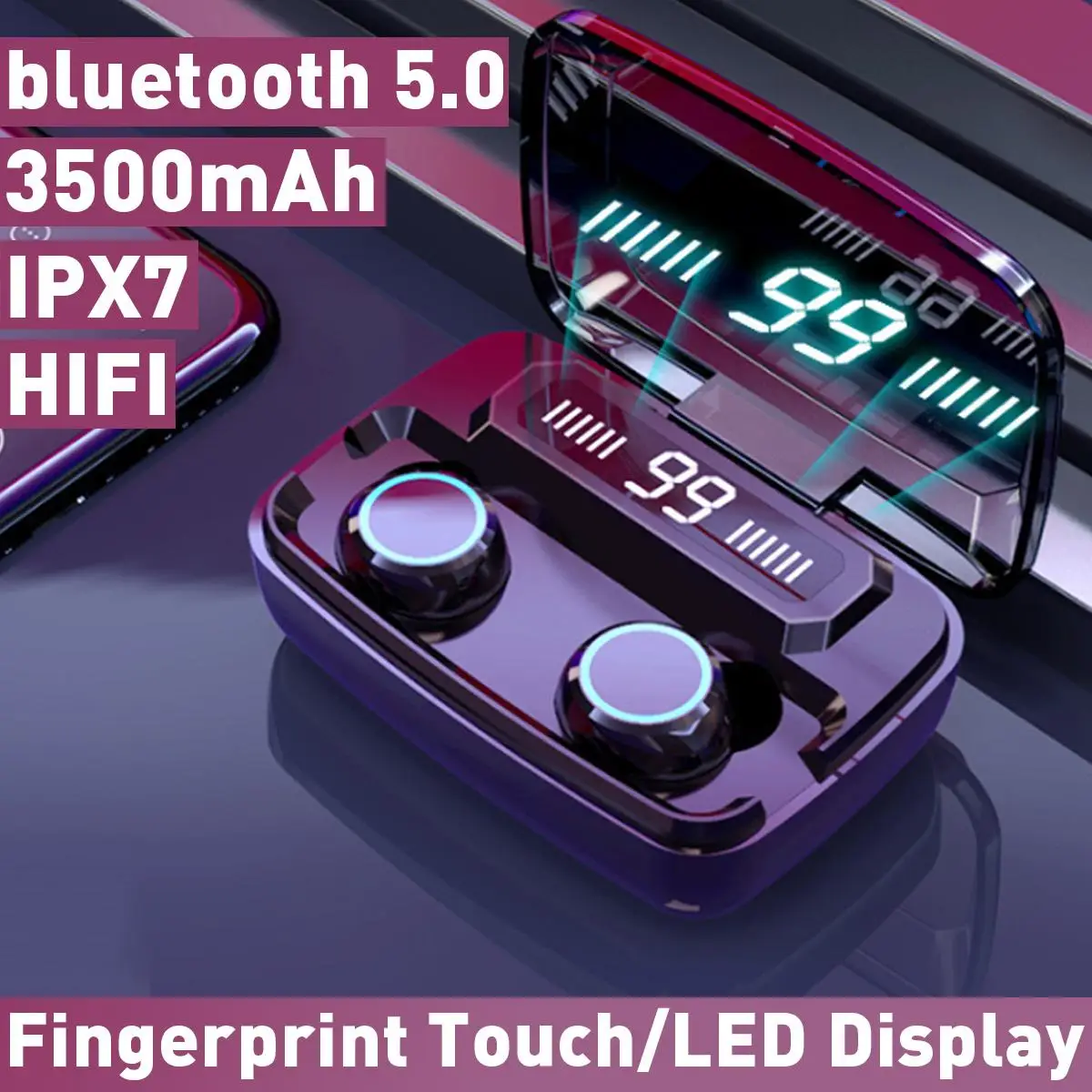 

TWS Fingerprint Touch bluetooth 5.0 Earphones 8D Stereo Wireless Headphones IPX7 Waterproof 3500mAh LED Smart Power Bank