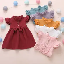 Г. Платье принцессы для маленьких девочек От 1 до 6 лет однотонное льняное платье трапециевидной формы на пуговицах, с оборками, рукавами, отложным воротником и бантом