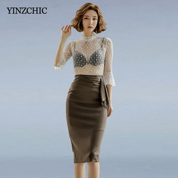 

Elegant Woman Spring New Suits See-throught Lace Blouse Pencil Skirt Set Suits Women OL 2pcs Party Suit for Woman