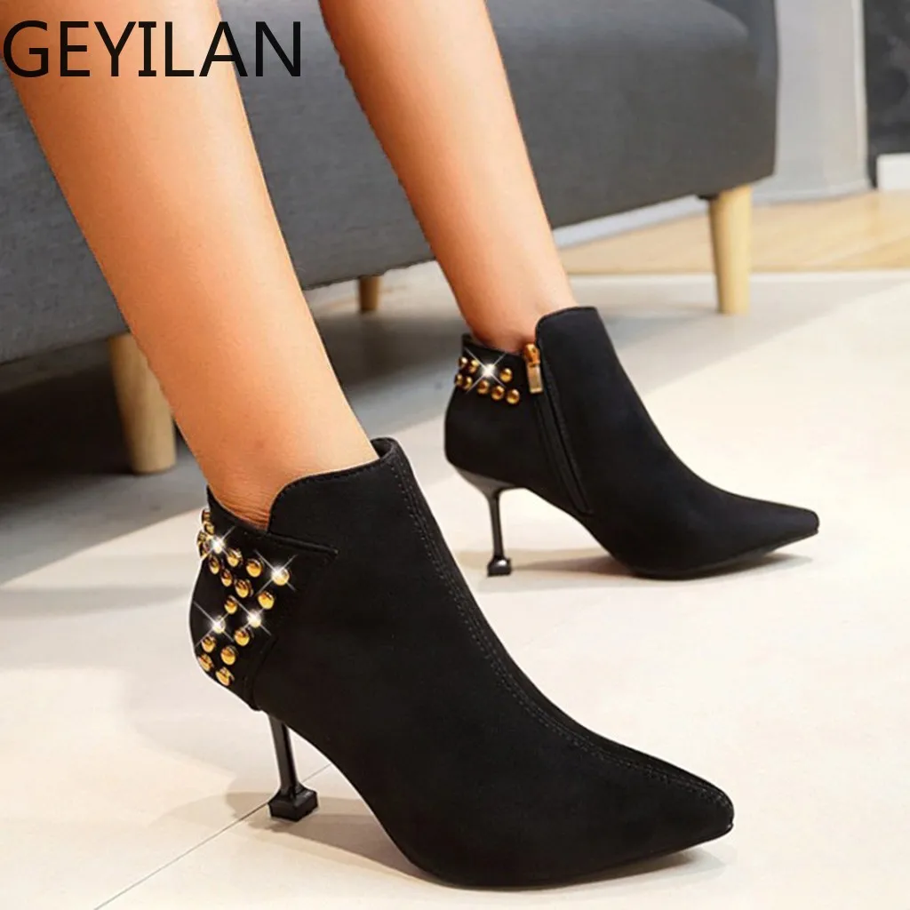 

Women winter shoes boots leather Women Warm Ankle Pump Zipper Pointed Toe Flock Thin Heels Rivets Boots zapatos de mujer #3