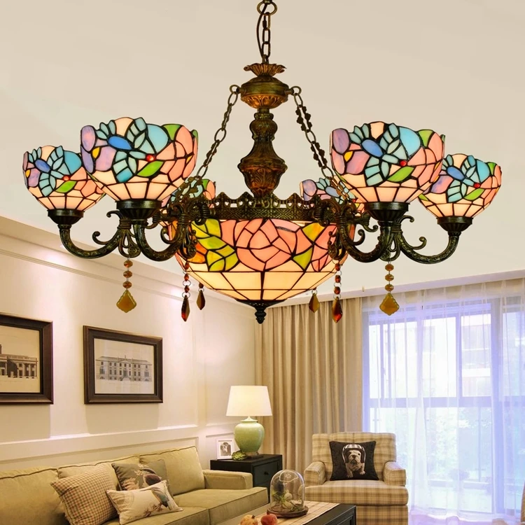 

Tiffany Baroque Flesh Flower Stained Glass Suspended Luminaire E27 110-240v Chain Pendant Lights For Home Parlor Dining Room