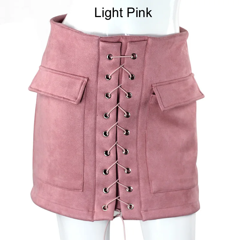 SheBlingBling замшевая мини-юбка Сексуальная облегающая женская юбка осень зима на шнуровке карманы на молнии, с завышенной талией СПЛИТ короткие юбки - Цвет: Light Pink