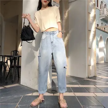 

Shredded Jeans Women's 2019 Autumn and Winter New High Waist Fashion Trend Loose Wide Leg Ankle Length Pants Women