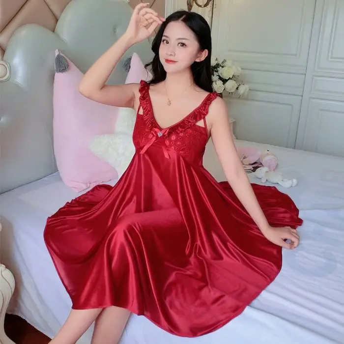 Plus Size XL XXL Summer Sexy Female Lounge Sleepwear Hot Design Loose Female Ice Silk Lace Princess Palace Purple Nightgown