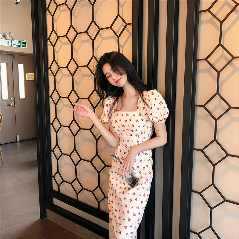 2020 Summer Vintage Puff Sleeve Printed Long Dress Female Elegant Ruffle Square Sleeve Slim Maxi Dresses Vestidos