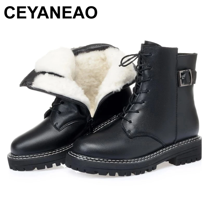 

CEYANEAOWomen Martin Boots Winter 2021 Warm Thick Wool Women Snow Boots Genuine Leather Casual Large Size Women Motorcycle Boots