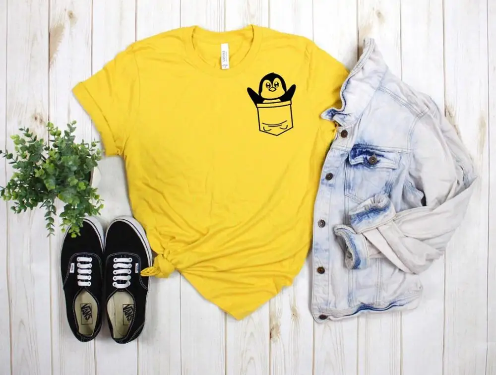 Забавный Пингвин Карманный принт Женская футболка смешные изделия из хлопка футболка подарок 90s леди Yong Девушка Прямая поставка S-879 - Цвет: Цвет: желтый