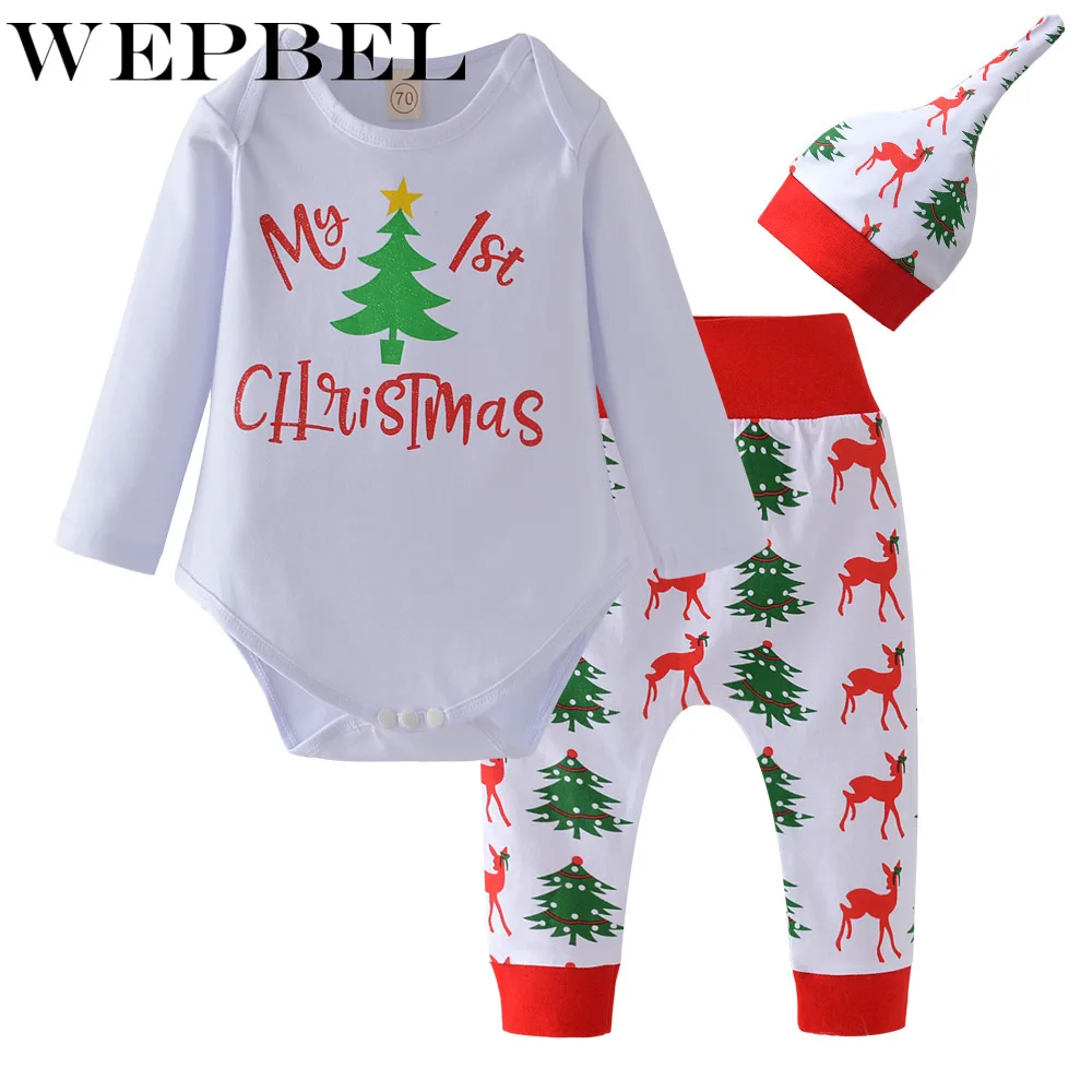 WEPBEL/Рождественская Одежда для новорожденных мальчиков и девочек; боди; комбинезон+ штаны с оленем; Рождественский комплект одежды для малышей; Одежда для новорожденных