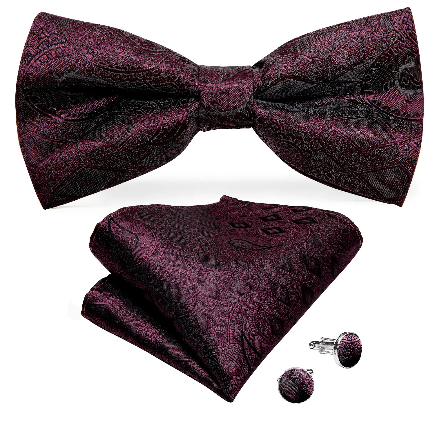 Men's Red Wine Paisley Fashion Wedding Men Silk Waistcoat Vest Bowties Hanky Cufflink Cravat Set for Suit Tuxedo DiBanGu MJ-115
