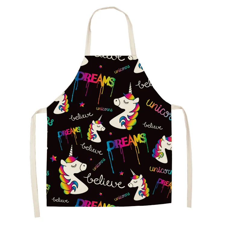 New Linen Apron Unicorn Printed Kitchen Apron Women Baking Waist Bib Home Cooking Brief Sleeveless Pinafore Apron