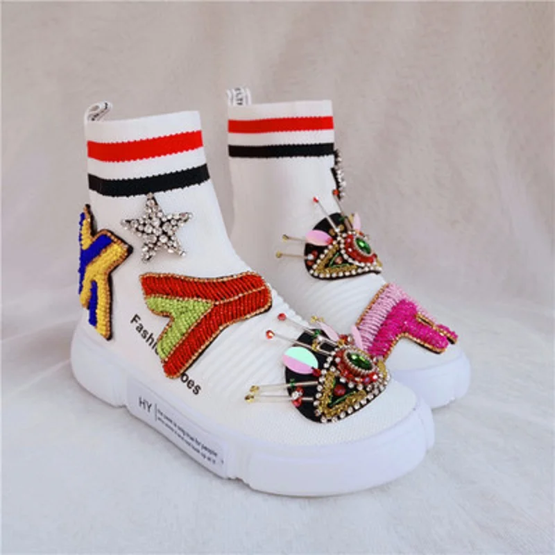 

2019 New Knitting Socks Diamond Letters Shoes Elastic High Thickness Bottom Street Clapping Casual High Top Women'S Shoes