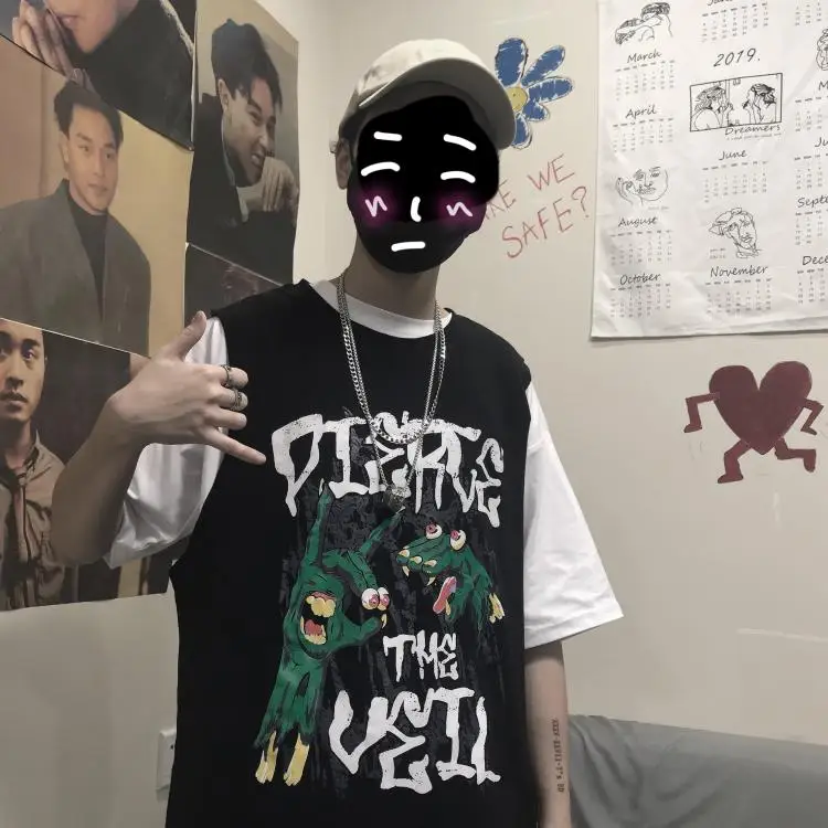 Летняя Корейская Ins Harajuku уличная хип хоп безрукавка с принтом Свободная верхняя одежда футболка топы Мужские Женские Harajuku Повседневная 30bx