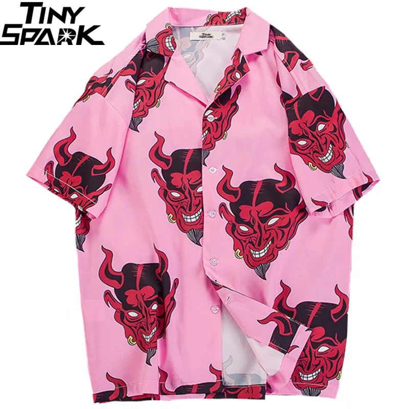 2019 хип хоп рубашки для мальчиков уличная Мужская гавайская рубашка голова дьявола Harajuku Летняя Пляжная рубашка Гавайи тонкий розовый Топы