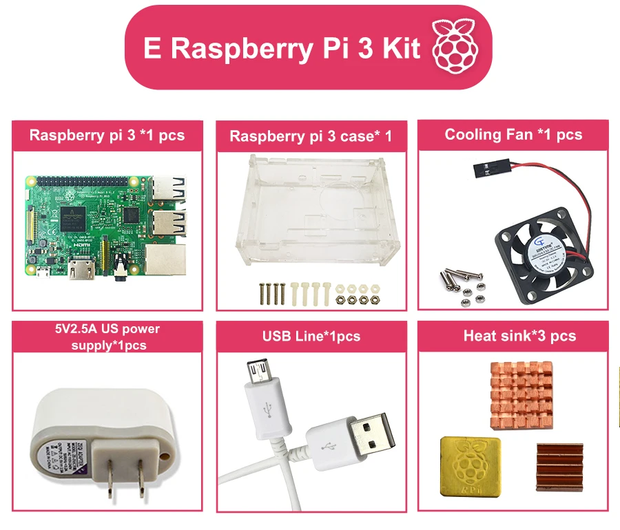 Raspberry Pi 3 kit-pi 3 board/pi 3 Чехол/US power plug/с логотипом радиаторы pi3 b/pi 3b с wifi и bluetooth