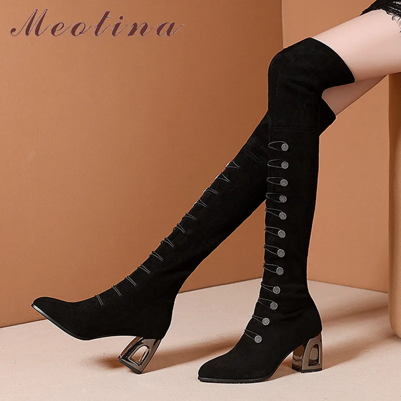 

Meotina Winter Over The Knee Boots Women Real Leather Fretwork High Heel Thigh High Boots Sexy Slim Stretch Shoes Lady Autumn 42