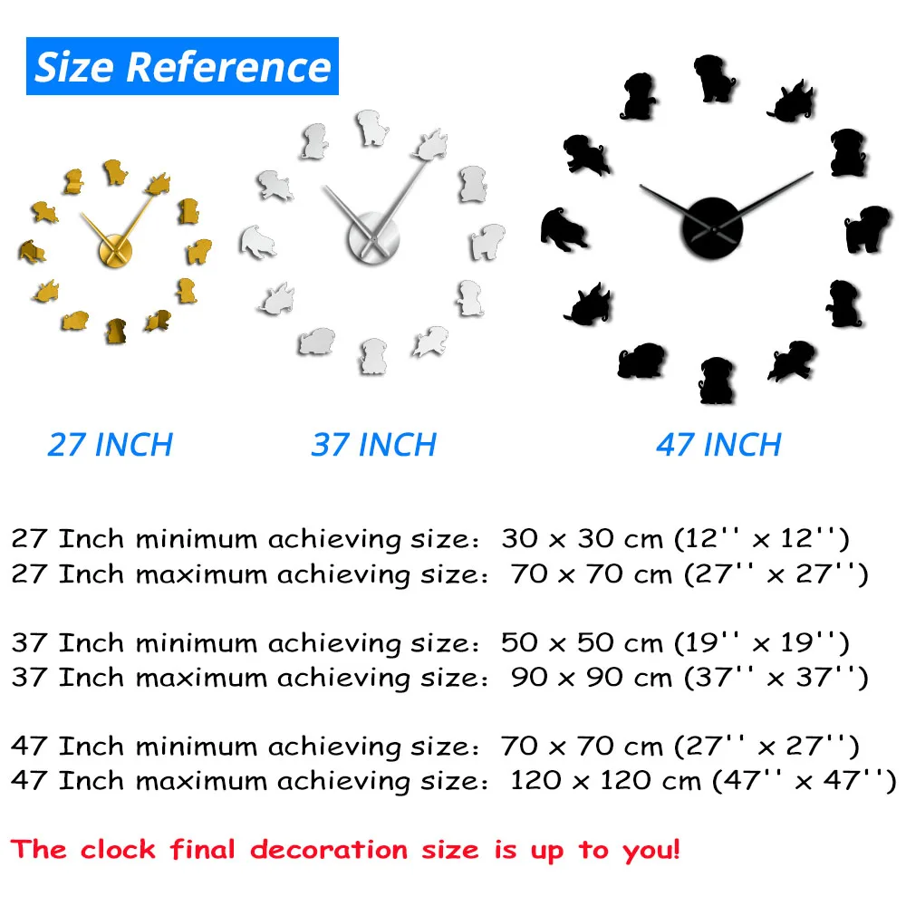 Китайские наклейки на зеркальную поверхность с Мопсом, порода собак, голландский мастиф, настенные художественные современные декоративные часы, 3D DIY, большие настенные часы, подарки Мопса