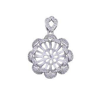

925 Sterling Silver Women Pendant CZ 15-16mm Pearl Round Bead Semi Mount Pendant fit Amber Garnet Turquoise Setting