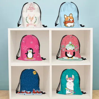 

2019 Cute Print Simple Christmas Gift Bag Casual Canvas Drawstring Bag Flower Printed Backpack Storage Bag mochila mujer #C10