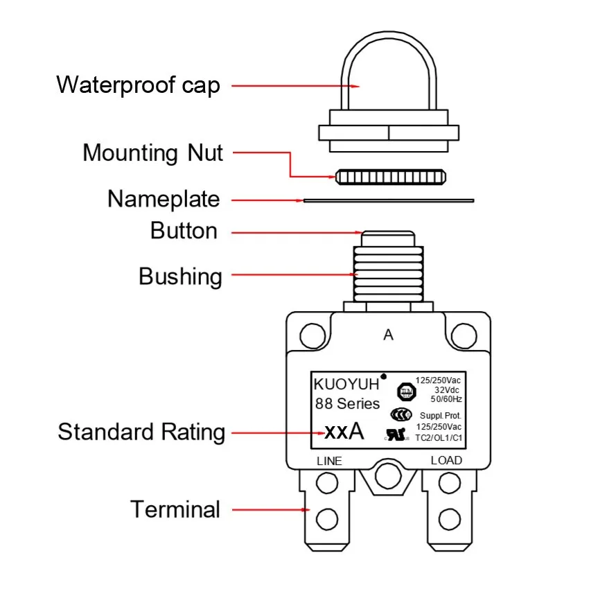 Disjoncteur Interrupteur thermique de réinitialisation, 125-250V AC 50V DC  Disjoncteur à bouton-poussoir de protection contre les surcharges de  courant(18 ampères)