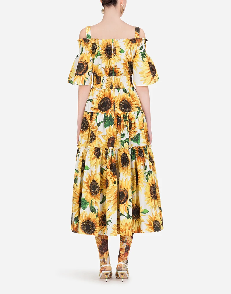 JSXDHK New Runway Designer Women's Midi Dress Spring Summer Sunflower print Spaghetti Strap Swing Holiday Party Vestidos