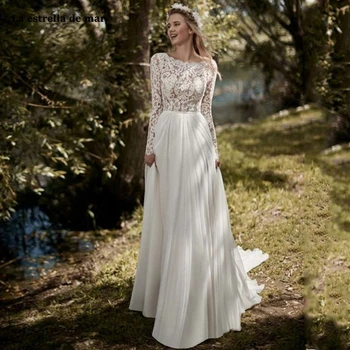 

Robe mariage femme new lace chiffon long sleeve backless A Line ivory boho beach wedding dress long vestidos de noivas Plus size