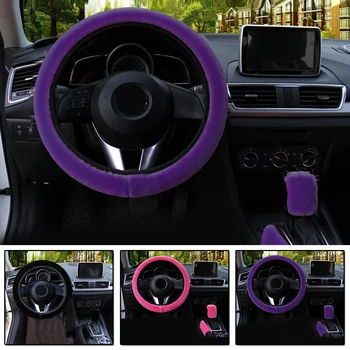 

New Arrival High Quality 3Pcs Plush Fur Fluffy Car Steering Wheel And Handbrake And Gear Knob Cover