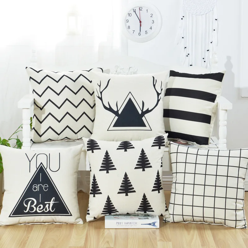 

Modern simple black and white mixed linen geometric pillow cover office home Grid stripe throw cushion cover