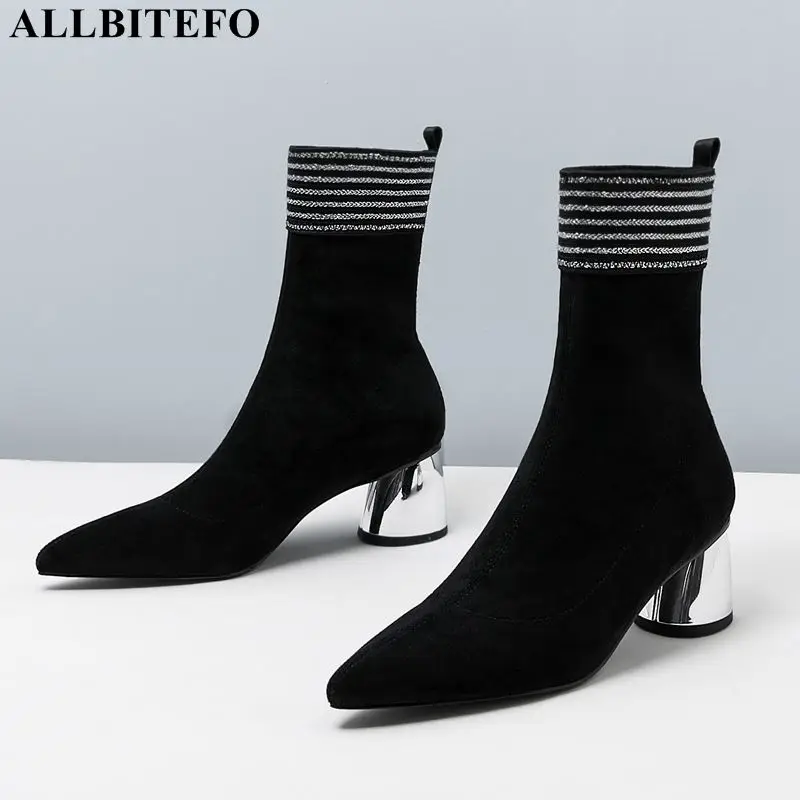 

ALLBITEFO sexy high heels ankle boots for women flock pointed toe women high heel shoes ankle boots for women martin boots