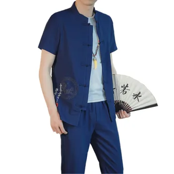 

retro style mens embroidery two-piece set (shirts and pants) large size 5xl men shirt short sleeves and Ankle-Length Pants