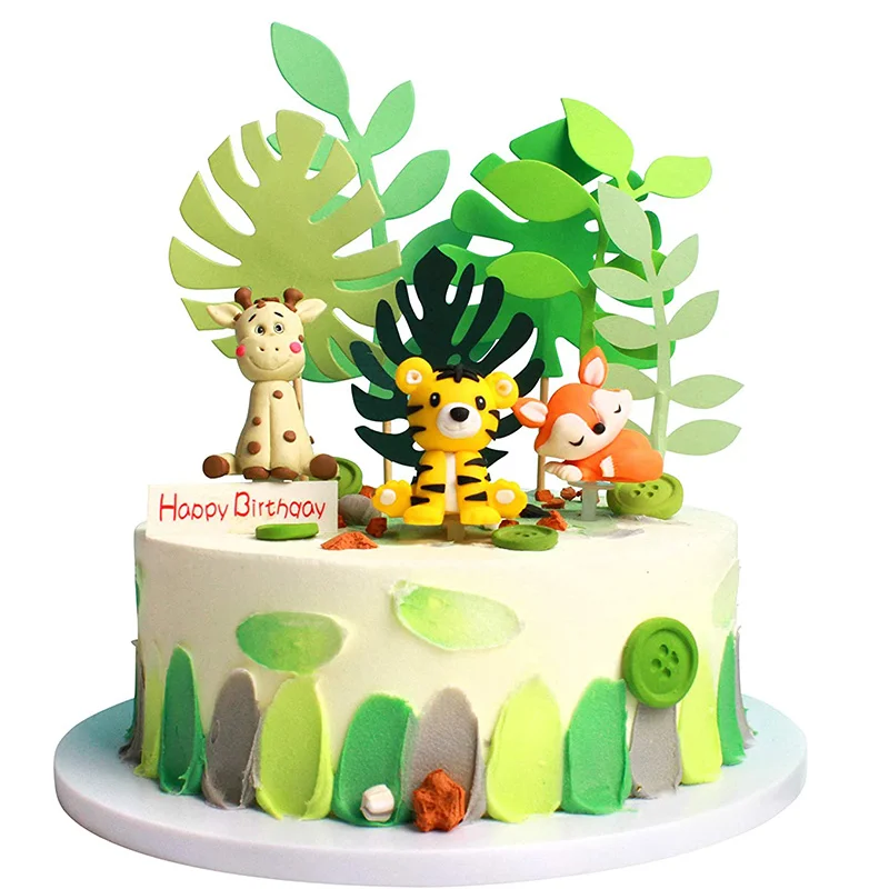 

Cake Topper Decoration Set Safari Animals Birthday Jungle Green Craft Palm Turtle leaves Lion Panda Doll Cake Decorations