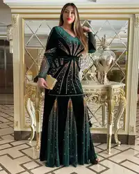 Dubai Pearl Rhinestone Design Long Sleeves Dress African Robe Big Elastic Velvet Muslin Clothing