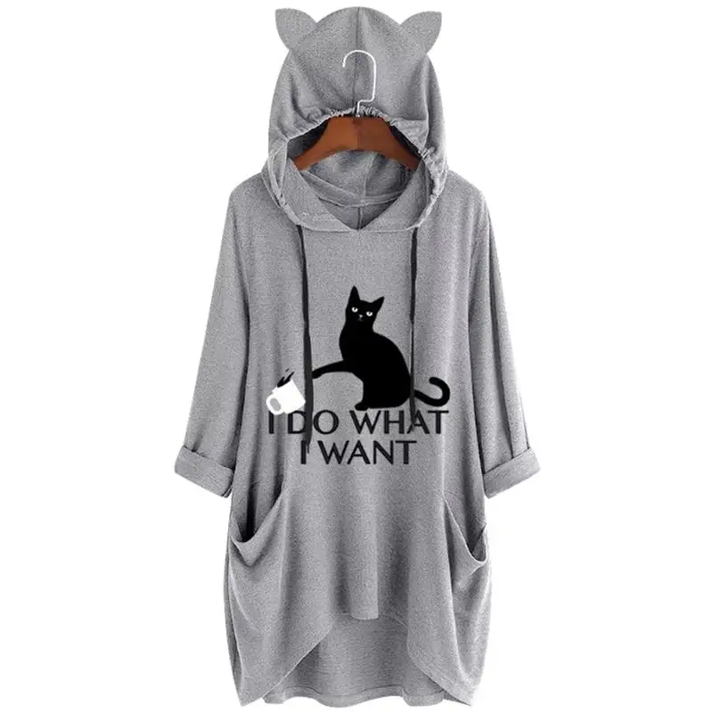  Plus Size Hoodies Women I Do What I Want Letter Print Cat Ear Pattern Pocket Oversized Sweatshirt A