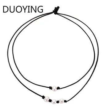 

Single White Pearl Choker Necklace with Three Beads Freshwater Pearls Choker Necklace on Genuine Leather Cord Knotted Jewelry