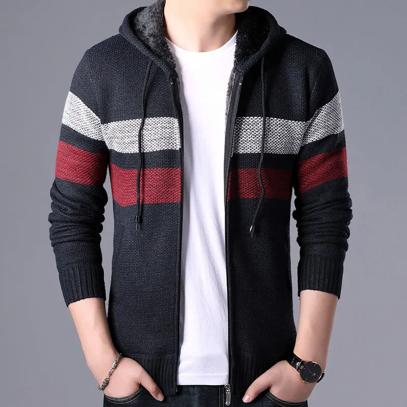 

2019 Autumn Warm Men New Casual Wool Cardigan Sweater Jumper Men Winter Hoodied Striped Pockets Knit Outwear Coat Sweater Men