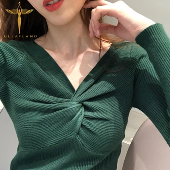 

All-Match V-Neck Long-Sleeved Sweater Solid Color Sexy Slim Knot Pullover Top Casual Knitting Tops Black Office Lady Sweater