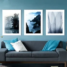 Темно-синий пейзаж скандинавский плакат горный настенный Арт холст живопись Куадрос настенные картины для гостиной Дерево Картина без рамы