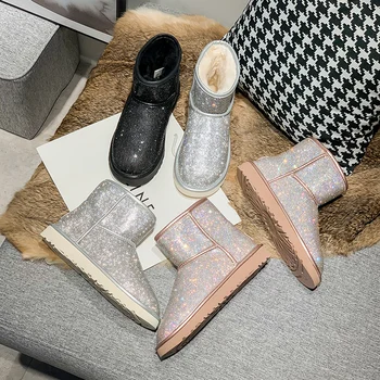 

Glitter Leather Bling Bling Winter Boots Women Flat Heel Short Boots Fashion Brand Fur Snow Botas De Invierno Para Mujer