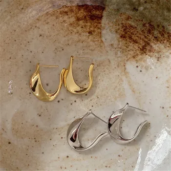 

POFUNUO Real 925 Sterling Silver French Style Women U Shape Simple Earrings Girls Fashion Minimalist 18K Gold Bathed Earrings