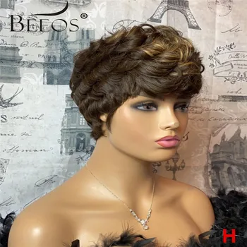 

Beeos Full Machine Made Wig 150% Brazilian Remy Hair Short Culy Human Hair Wigs For Women Highlight Color With Bang