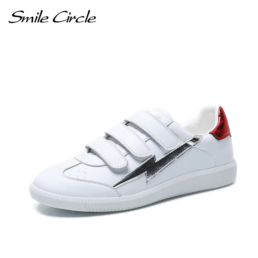 Smile Circle/весенние белые кроссовки Женская кожаная обувь на плоской платформе с