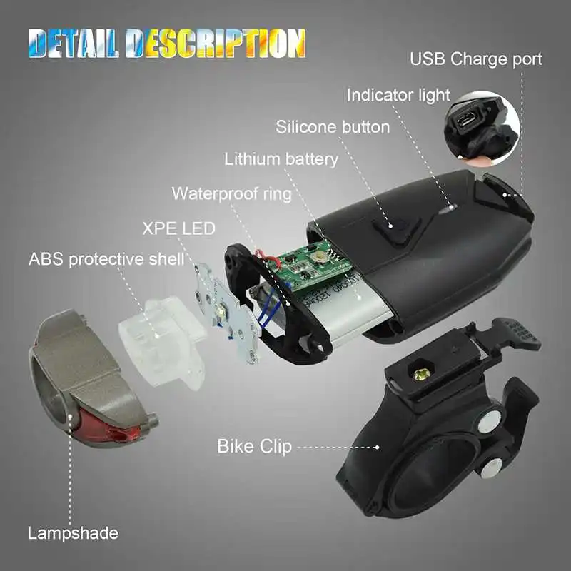 Светодиодный велосипедный передний светильник, головной светильник, перезаряжаемый от USB, велосипедный фонарь, водонепроницаемый, безопасный, для езды на велосипеде, на руль, на шлем, лампа