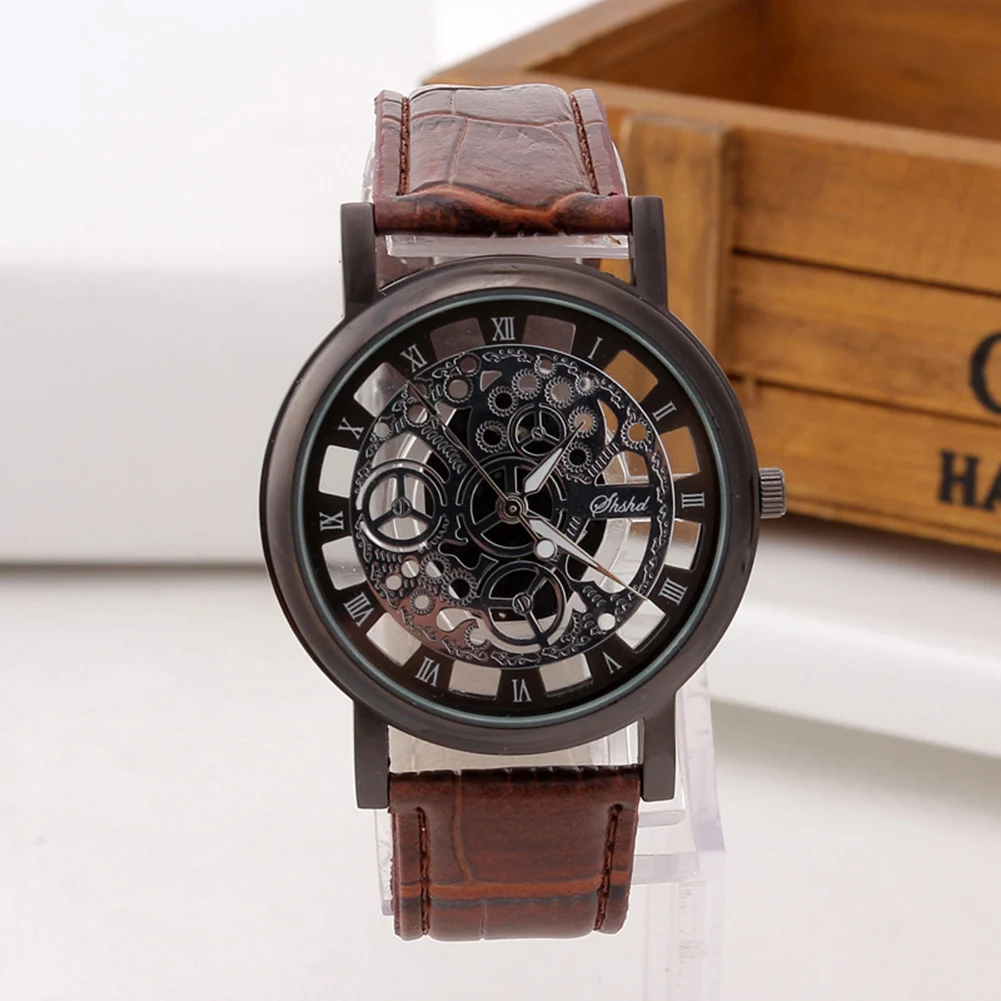 Men Watch Fashion Business Watch Luxury Hollow Roman Numerals Sports Clock Faux Leather Quartz Wrist Watch Erkek Kol Saat