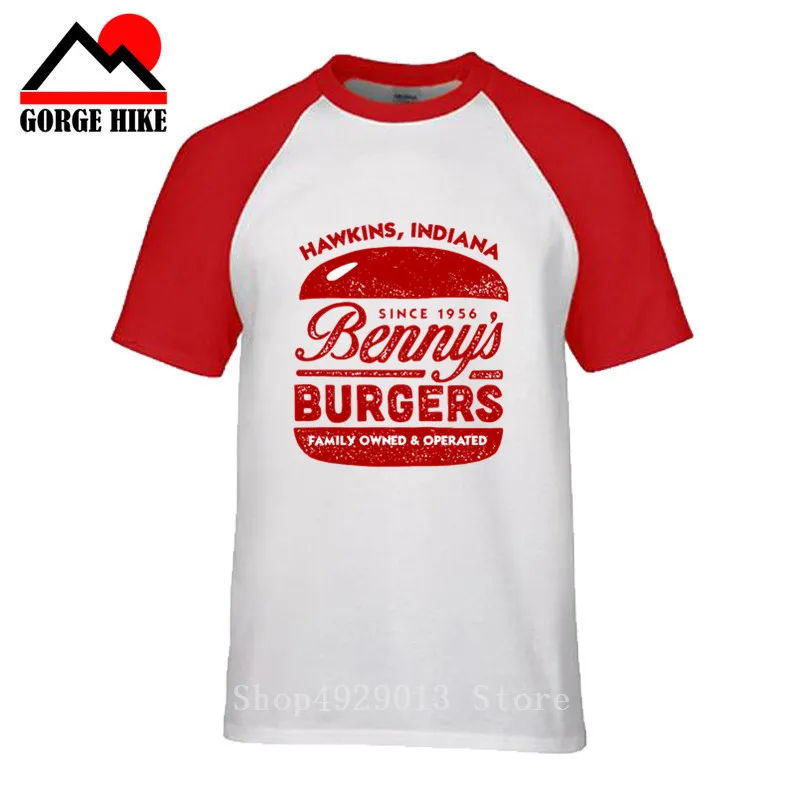 2019 Benny'S Burgers Забавные топы странные вещи Hawkins Show Humor Red Basic Men'S Индиана футболка