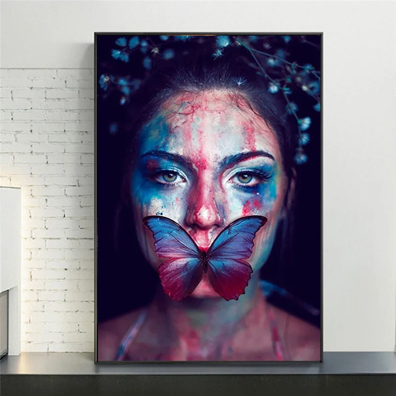 

Canvas Painting Sexy Woman Hurt Mouth With Butterfly Posters and Prints Wall Art Paintings for Living Room Decor Caudros Poster