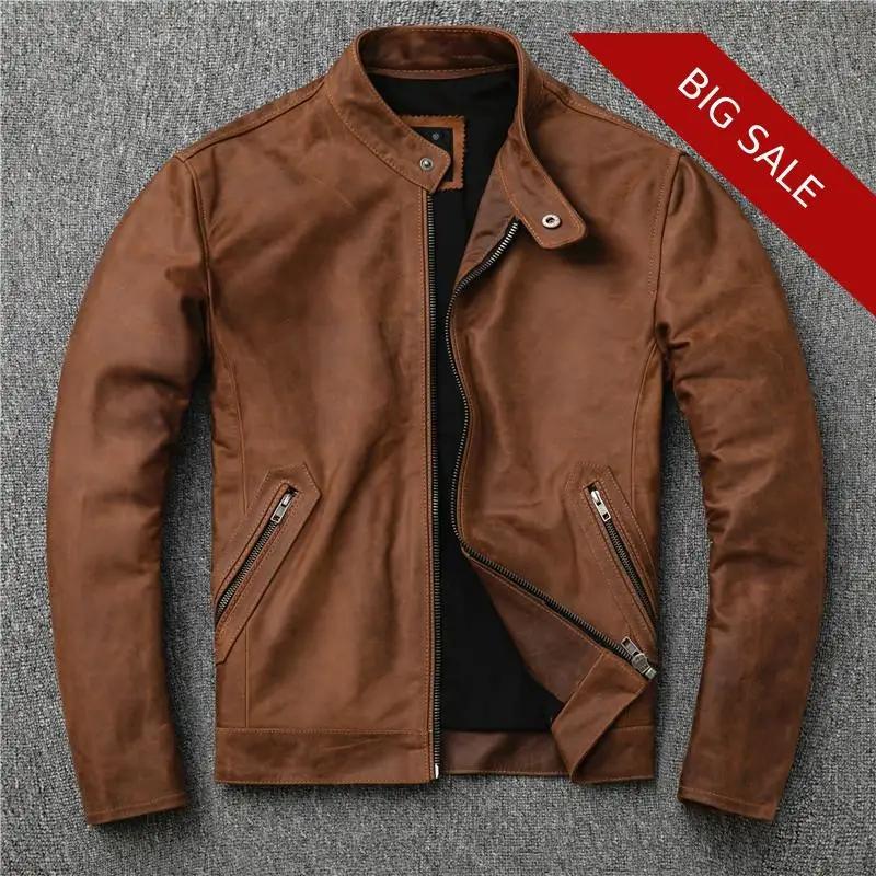 

2020 Brown Men Stand Collar Slim Fit Biker's Leather Jacket Large Size XXXXL Genuine Cowhide Autumn Russian Motorcycle Coat
