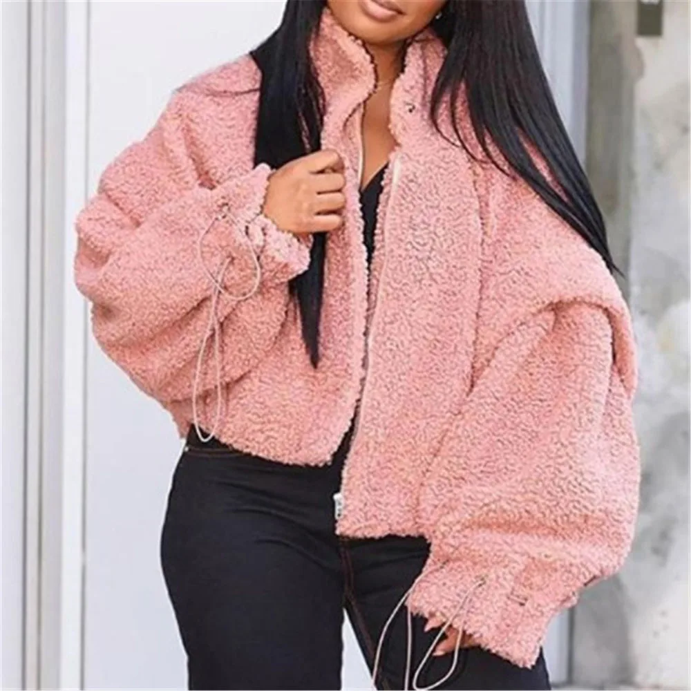 Зимнее розовое пушистое пальто для женщин свободного покроя со стоячим